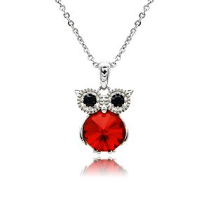 Swarovski crystal owl necklace wholesale featuring black crystal eyes, palladium plated brass frame, shiny link chain, and sparkling round crystal body in multiple colors.