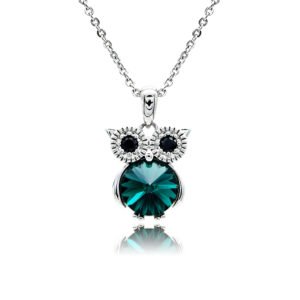 Swarovski crystal owl necklace wholesale featuring black crystal eyes, palladium plated brass frame, shiny link chain, and sparkling round crystal body in multiple colors.