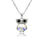 Swarovski crystal owl necklace wholesale featuring black crystal eyes, palladium plated brass frame, shiny link chain, and sparkling round crystal body in multiple colors.