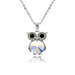Swarovski crystal owl necklace wholesale featuring black crystal eyes, palladium plated brass frame, shiny link chain, and sparkling round crystal body in multiple colors.
