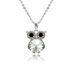 Swarovski crystal owl necklace wholesale featuring black crystal eyes, palladium plated brass frame, shiny link chain, and sparkling round crystal body in multiple colors.