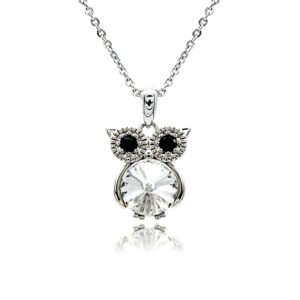 Swarovski crystal owl necklace wholesale featuring black crystal eyes, palladium plated brass frame, shiny link chain, and sparkling round crystal body in multiple colors.