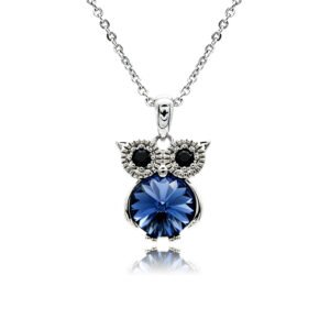 Swarovski crystal owl necklace wholesale featuring black crystal eyes, palladium plated brass frame, shiny link chain, and sparkling round crystal body in multiple colors.