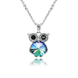 Swarovski crystal owl necklace wholesale featuring black crystal eyes, palladium plated brass frame, shiny link chain, and sparkling round crystal body in multiple colors.