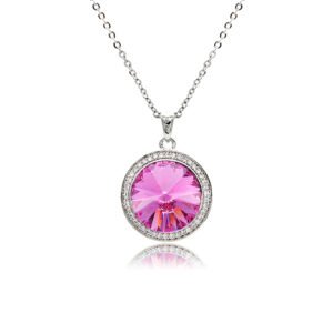 Swarovski element round crystal necklace wholesale with sunburst faceted stone, pavé cz halo bezel, palladium plated brass pendant, and shiny silver chain in vibrant colors.