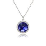 Swarovski element round crystal necklace wholesale with sunburst faceted stone, pavé cz halo bezel, palladium plated brass pendant, and shiny silver chain in vibrant colors.