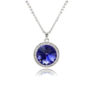 Swarovski element round crystal necklace wholesale with sunburst faceted stone, pavé cz halo bezel, palladium plated brass pendant, and shiny silver chain in vibrant colors.