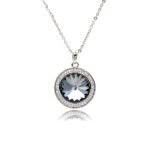 Swarovski element round crystal necklace wholesale with sunburst faceted stone, pavé cz halo bezel, palladium plated brass pendant, and shiny silver chain in vibrant colors.