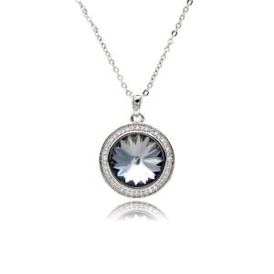 Swarovski element round crystal necklace wholesale with sunburst faceted stone, pavé cz halo bezel, palladium plated brass pendant, and shiny silver chain in vibrant colors.