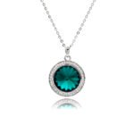 Swarovski element round crystal necklace wholesale with sunburst faceted stone, pavé cz halo bezel, palladium plated brass pendant, and shiny silver chain in vibrant colors.