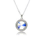 Swarovski element round crystal necklace wholesale with sunburst faceted stone, pavé cz halo bezel, palladium plated brass pendant, and shiny silver chain in vibrant colors.