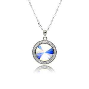 Swarovski element round crystal necklace wholesale with sunburst faceted stone, pavé cz halo bezel, palladium plated brass pendant, and shiny silver chain in vibrant colors.
