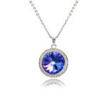 Swarovski element round crystal necklace wholesale with sunburst faceted stone, pavé cz halo bezel, palladium plated brass pendant, and shiny silver chain in vibrant colors.