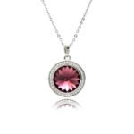 Swarovski element round crystal necklace wholesale with sunburst faceted stone, pavé cz halo bezel, palladium plated brass pendant, and shiny silver chain in vibrant colors.