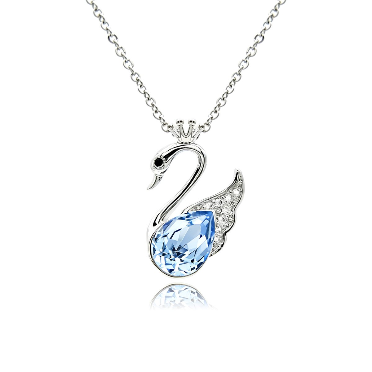 Swarovski crystal crown swan necklace wholesale featuring palladium plated brass chain, pavé crystal swan wing, and pear cut main crystal, SKU G100348E.