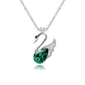 Swarovski crystal crown swan necklace wholesale featuring palladium plated brass chain, pavé crystal swan wing, and pear cut main crystal, SKU G100348E.