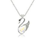Swarovski crystal crown swan necklace wholesale featuring palladium plated brass chain, pavé crystal swan wing, and pear cut main crystal, SKU G100348E.