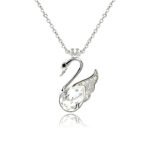 Swarovski crystal crown swan necklace wholesale featuring palladium plated brass chain, pavé crystal swan wing, and pear cut main crystal, SKU G100348E.