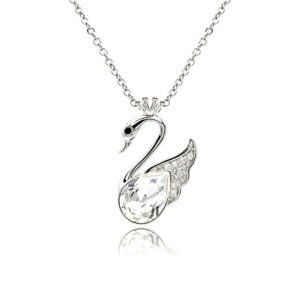 Swarovski crystal crown swan necklace wholesale featuring palladium plated brass chain, pavé crystal swan wing, and pear cut main crystal, SKU G100348E.