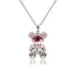 Swarovski crystal bear necklace wholesale with 3D teddy bear pendant, pink cz pave, palladium plated brass chain, and radiant crystal face.