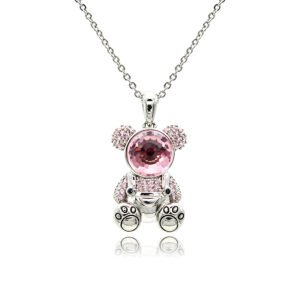 Swarovski crystal bear necklace wholesale with 3D teddy bear pendant, pink cz pave, palladium plated brass chain, and radiant crystal face.