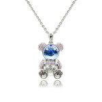 Swarovski crystal bear necklace wholesale with 3D teddy bear pendant, pink cz pave, palladium plated brass chain, and radiant crystal face.