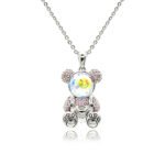 Swarovski crystal bear necklace wholesale with 3D teddy bear pendant, pink cz pave, palladium plated brass chain, and radiant crystal face.