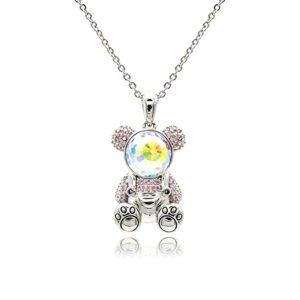Swarovski crystal bear necklace wholesale with 3D teddy bear pendant, pink cz pave, palladium plated brass chain, and radiant crystal face.