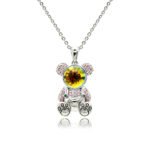 Swarovski crystal bear necklace wholesale with 3D teddy bear pendant, pink cz pave, palladium plated brass chain, and radiant crystal face.