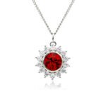 Swarovski crystal flower pendant wholesale featuring brilliant round crystal centerpiece, cubic zirconia starburst halo, palladium-plated brass base, and delicate silver chain.