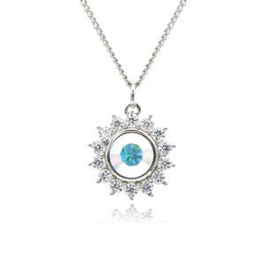 Swarovski crystal flower pendant wholesale featuring brilliant round crystal centerpiece, cubic zirconia starburst halo, palladium-plated brass base, and delicate silver chain.