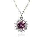 Swarovski crystal flower pendant wholesale featuring brilliant round crystal centerpiece, cubic zirconia starburst halo, palladium-plated brass base, and delicate silver chain.