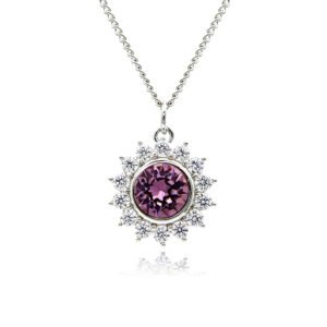 Swarovski crystal flower pendant wholesale featuring brilliant round crystal centerpiece, cubic zirconia starburst halo, palladium-plated brass base, and delicate silver chain.