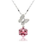 Swarovski crystal butterfly cube pendant necklace in palladium plated brass featuring a pave zircon butterfly top and geometric crystal cube pendant, SKU G100552E.