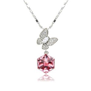 Swarovski crystal butterfly cube pendant necklace in palladium plated brass featuring a pave zircon butterfly top and geometric crystal cube pendant, SKU G100552E.