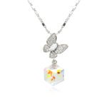 Swarovski crystal butterfly cube pendant necklace in palladium plated brass featuring a pave zircon butterfly top and geometric crystal cube pendant, SKU G100552E.