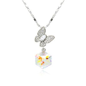 Swarovski crystal butterfly cube pendant necklace in palladium plated brass featuring a pave zircon butterfly top and geometric crystal cube pendant, SKU G100552E.