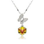 Swarovski crystal butterfly cube pendant necklace in palladium plated brass featuring a pave zircon butterfly top and geometric crystal cube pendant, SKU G100552E.