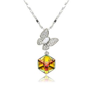 Swarovski crystal butterfly cube pendant necklace in palladium plated brass featuring a pave zircon butterfly top and geometric crystal cube pendant, SKU G100552E.