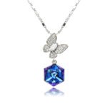Swarovski crystal butterfly cube pendant necklace in palladium plated brass featuring a pave zircon butterfly top and geometric crystal cube pendant, SKU G100552E.