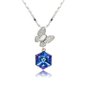 Swarovski crystal butterfly cube pendant necklace in palladium plated brass featuring a pave zircon butterfly top and geometric crystal cube pendant, SKU G100552E.