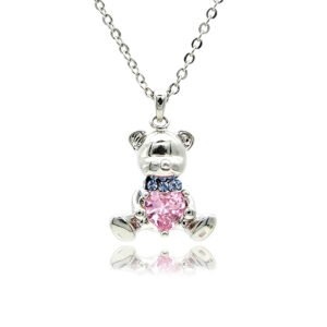 Swarovski crystal bear necklace wholesale featuring palladium plated brass chain, 3D teddy bear pendant, blue collar crystals, and pink heart crystal, SKU G100608E.