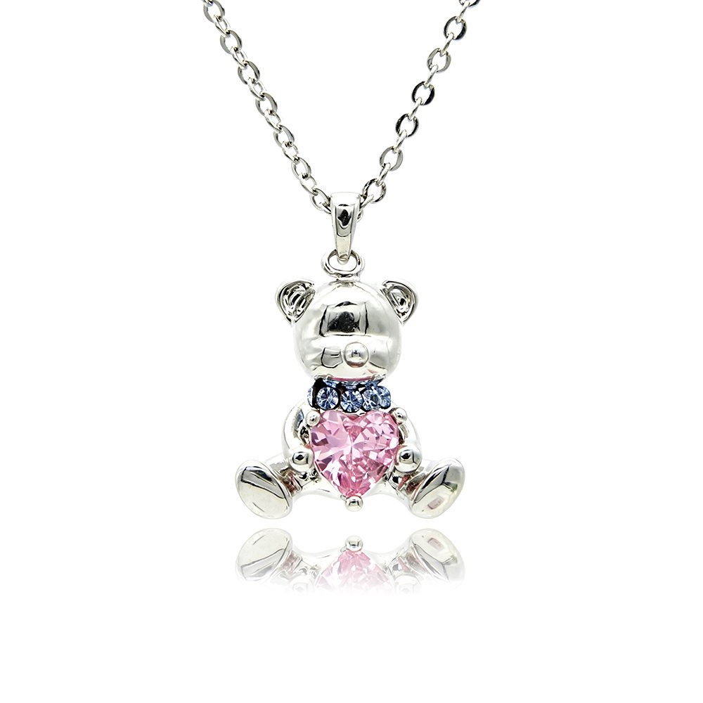 G100608E05Y.48.A Swarovski crystal bear necklace wholesale featuring palladium plated brass chain, 3D teddy bear pendant, blue collar crystals, and pink heart crystal, SKU G100608E.