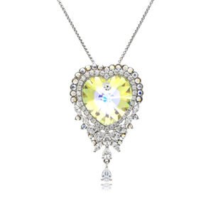 Swarovski crystal heart necklace wholesale featuring palladium plated brass chain, pave cubic zirconia frame, halo border crystals, and dangling drop pendant, SKU G100610E.