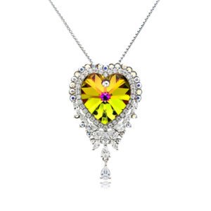 Swarovski crystal heart necklace wholesale featuring palladium plated brass chain, pave cubic zirconia frame, halo border crystals, and dangling drop pendant, SKU G100610E.