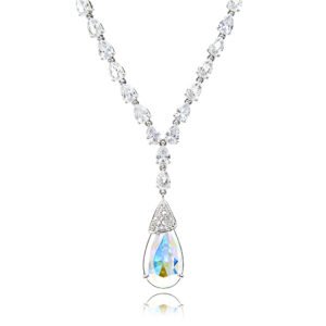 Swarovski crystal teardrop necklace wholesale featuring a palladium plated brass chain, pear cut cz stones, pave cap accent, and iridescent crystal pendant, SKU G100703E.