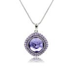 Swarovski crystal square necklace wholesale featuring palladium plated brass box chain, double pave crystal halo bezel, and cushion cut crystal center.