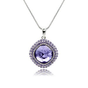 Swarovski crystal square necklace wholesale featuring palladium plated brass box chain, double pave crystal halo bezel, and cushion cut crystal center.
