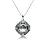 Swarovski crystal square necklace wholesale featuring palladium plated brass box chain, double pave crystal halo bezel, and cushion cut crystal center.
