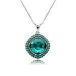 Swarovski crystal square necklace wholesale featuring palladium plated brass box chain, double pave crystal halo bezel, and cushion cut crystal center.
